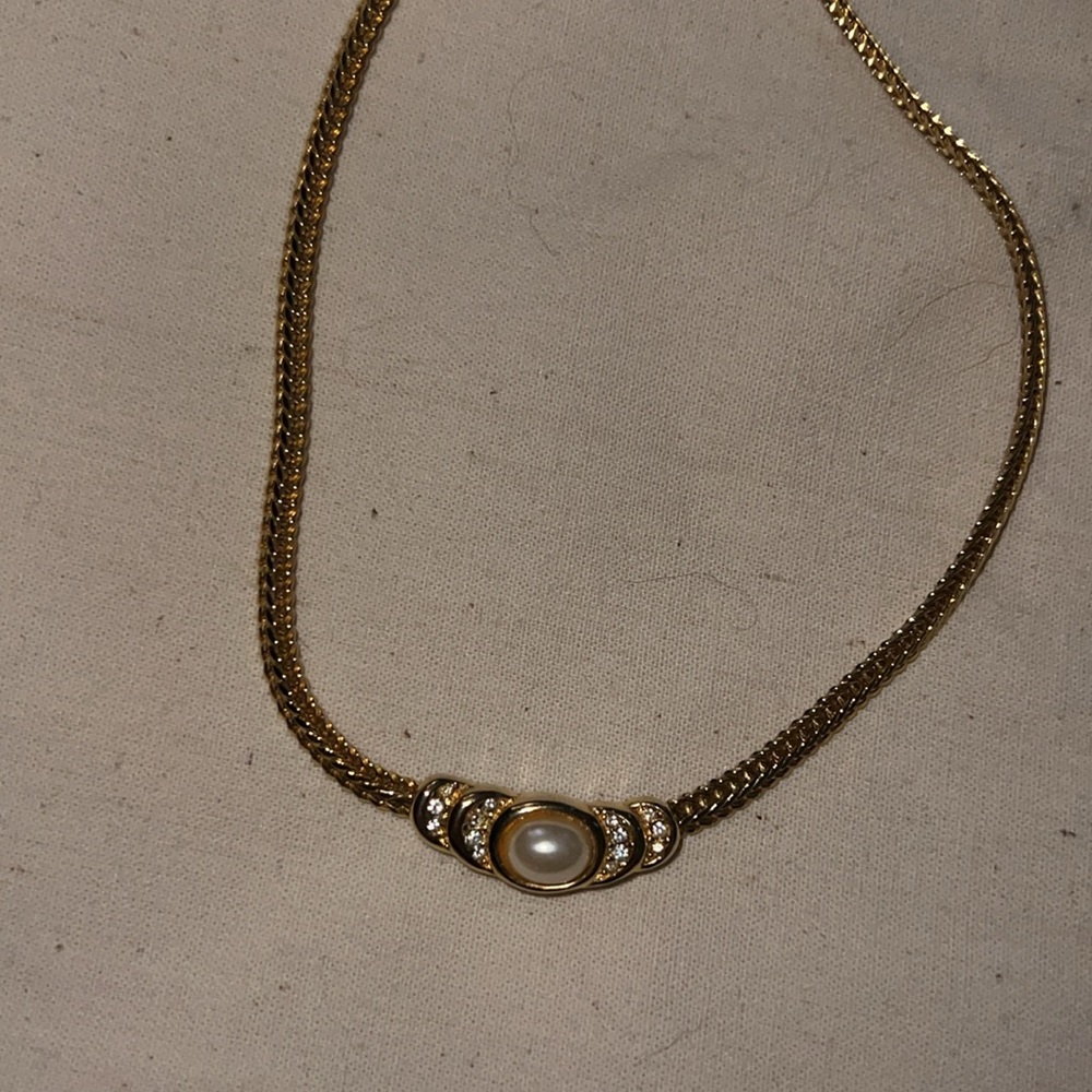 Vintage snake chain faux pearl crystal necklace